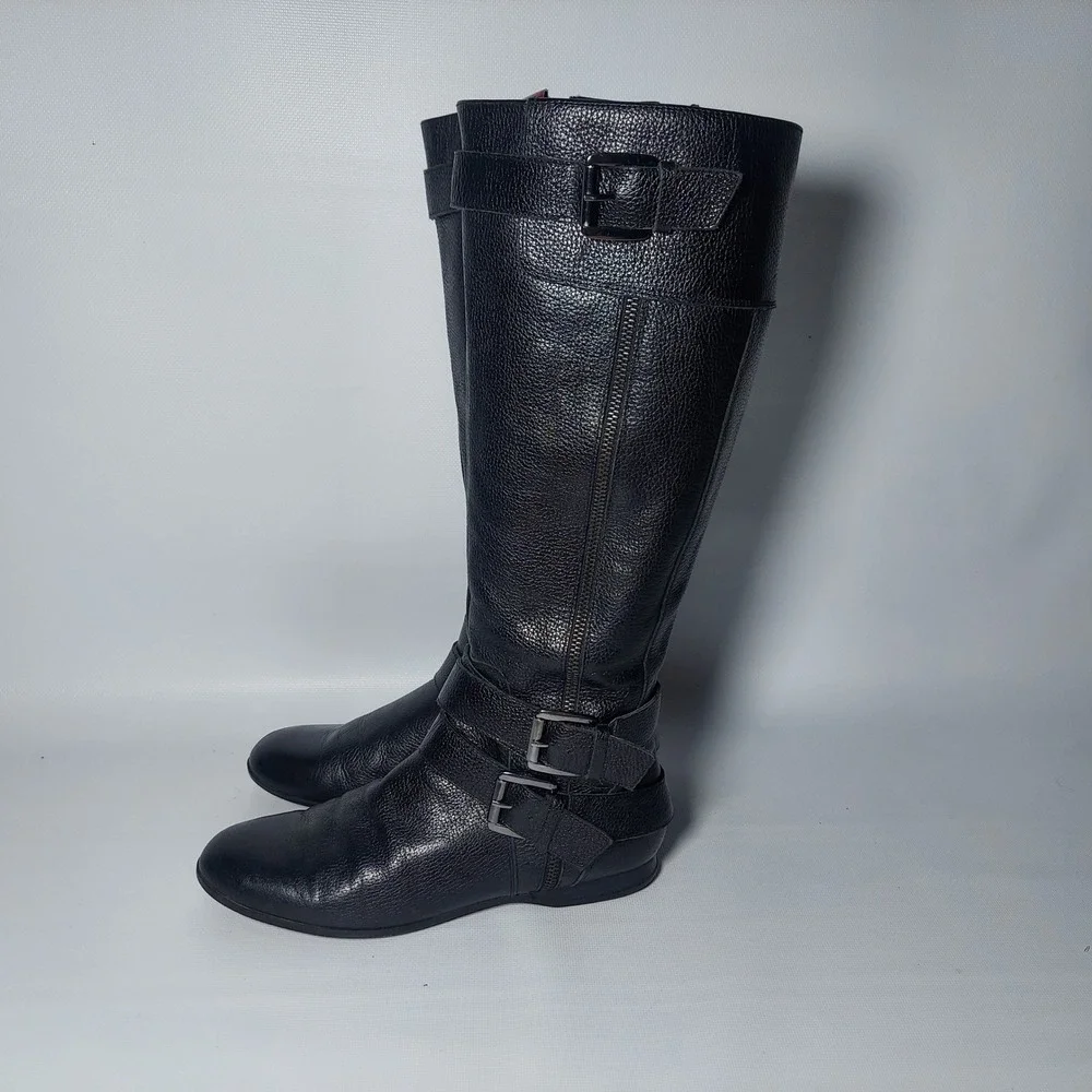 Enzo Angiolini Leather Boots Women 7.5 Black Calf High Riding Buckle Zip Fashion